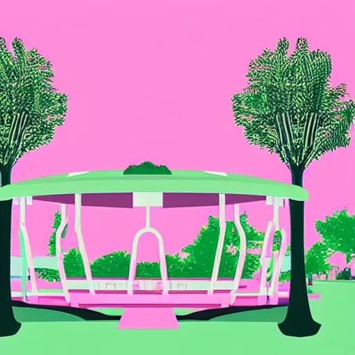 Image similar to art deco vaporwave illustration of a park with trees and benches, with a futuristic pink pastel city in the background