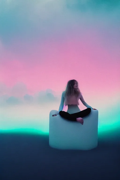 Image similar to high quality pastel coloured film photograph of a model wearing clothing resting on cloud furniture in a icelandic black rock environment in a partially haze filled dreamstate world. three point light, rainbow. photographic production. art directed. pastel colours. volumetric clouds. pastel gradient overlay. waves glitch artefacts. extreme facial clarity. 8 k. filmic.