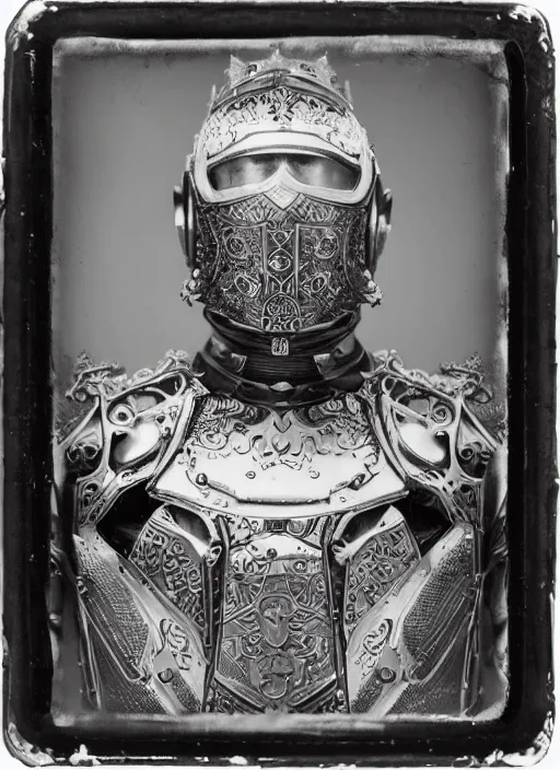 Prompt: old wetplate daguerreotype frame portrait of a futuristic silver armored king arthur with white hair and beard emperor district 9 cyborg, fractal, intricate, elegant, highly detailed, subsurface scattering, by jheronimus bosch and greg rutkowski and louis jacques mande daguerre