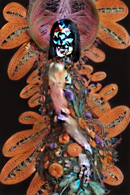 Prompt: cinema 4d colorful render, organic, dark scene, ultra detailed, of beautiful katie perry in a dress, biomechanical, analog, macro lens, hard light, big leaves and large orange Dragonflies, stems, roots, fine foliage lace, black details, high fashion haute couture, art nouveau fashion embroidered, intricate details, mesh wire, mandelbrot fractal, anatomical, facial muscles, cable wires, elegant, hyper realistic, ultra detailed ,HR giger, prometheus alien Engineering