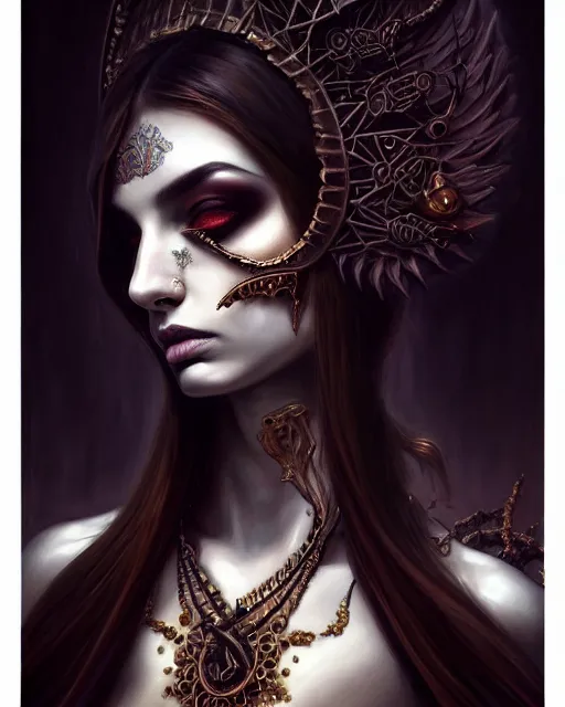 Image similar to painting of a dark ritual, enigmatic beauty, esoteric, muted colors, head in focus, fantasy art, ornamental aesthetics, intricate, elegant, highly detailed hyperrealistic painting, artstation, concept art, painterly, sharp focus, illustration, art by lois royoi