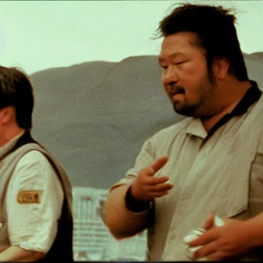 Image similar to wide scenic shot from the scene from the David Lynch production of Godzilla where the conjoined chefs cook. The chefs are conjoined at the head and neck, they share one head. Cinematic, VHS copy, film grain, 35mm film.