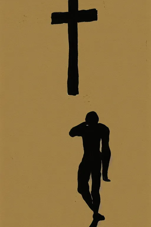 Image similar to man kneeling on the ground in front of a wooden cross, 1960’s minimalist advertising illustration, painterly, expressive brush strokes