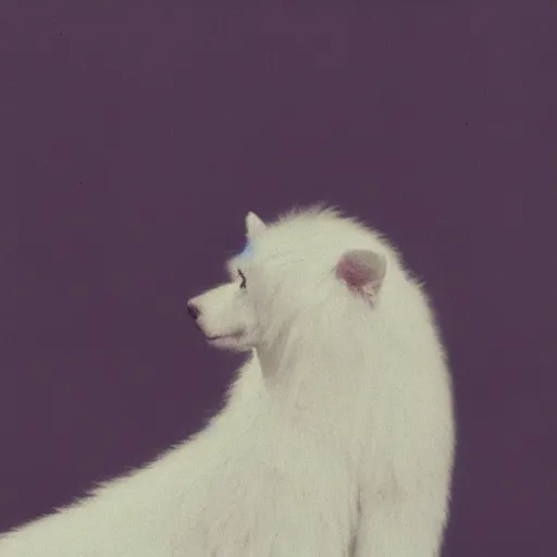 Prompt: a photo of a white fur monster standing in a purple room