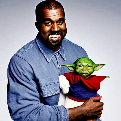 Image similar to kanye west smiling and holding yoda for a 1 9 9 0 s sitcom tv show, studio photograph, portrait