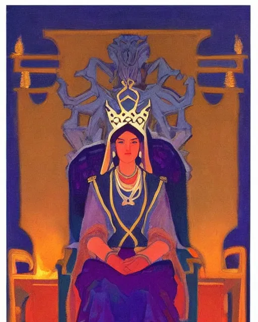 Image similar to an illustration of a queen on a throne at night by nicholas roerich, realistic, detailed, oil painting, 1 9 th