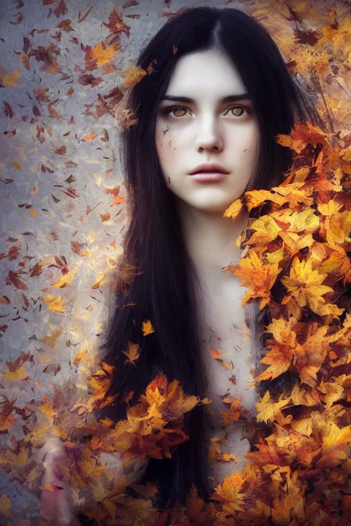 Image similar to young woman's face surrounded by Autumn leaves, long black hair, pale skin, symmetrical face, octane render, hyper-realism, photorealism, 4k, dramatic lightning, by Goya,