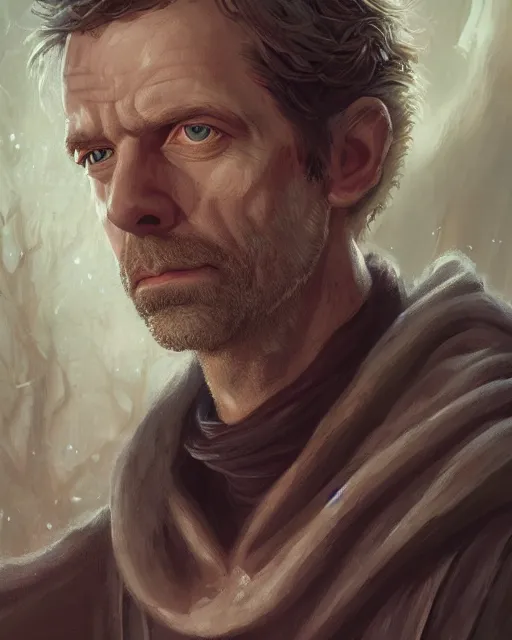 Prompt: detailed portrait of gregory house as a mage, sorcerer robes, cloak, magical, bright spells, fantasy, ruins, overgrown plants, atmosphere, 8 k high definition, insanely detailed, intricate, by charlie bowater, johan grenier
