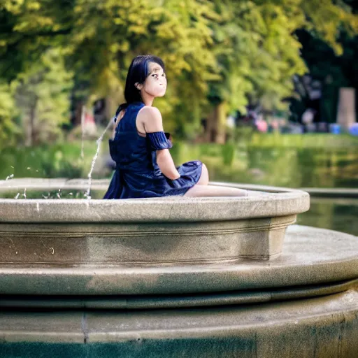 Image similar to a portrait of a young maid sitting on a edge of a fountain in park, 8k, cinematic, photo taken with Sony a7R camera