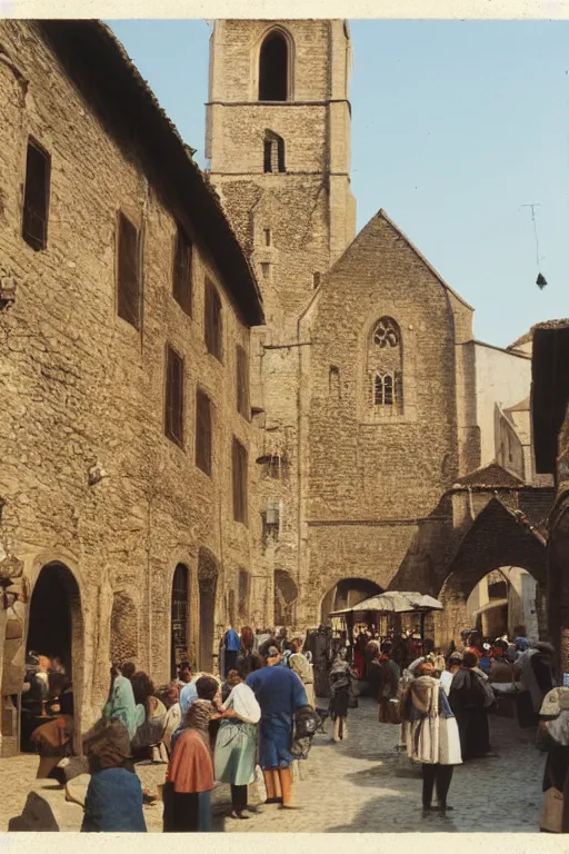 Image similar to a color 3 5 mm photograph of a villagers milling around in a medieval town square with a looming cathedral