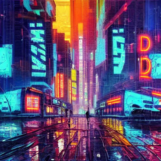 Prompt: an impressionist oil painting of a cyberpunk dystopian city with a lot of neon signs