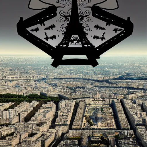 Image similar to Comic artwork of a dark futuristic version Paris in France with drones flying around the Eiffel tower