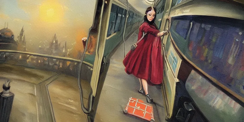 Image similar to mysterious painting of Hogwarts train and a beautiful female conductor