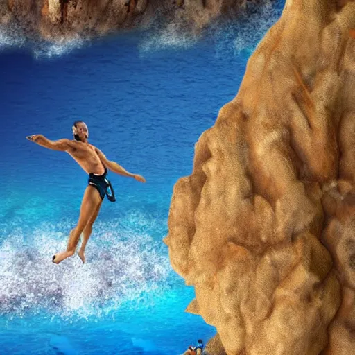 Prompt: Cliff divers by a crystal clear ocean, photorealistic, detailed, 8K