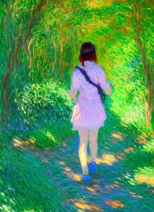 Image similar to an extremely cute girl hiking in a forest, very anime, trending artwork, 4 k, anime painter studio, an impressionist style by claude monet