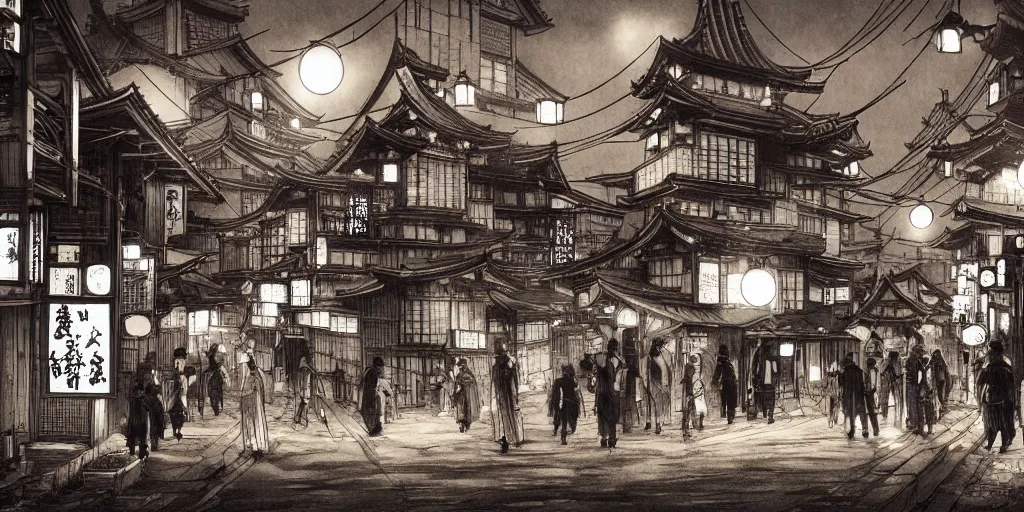 Prompt: feudal japan tokyo street at night, street level, cinematic lighting, 4k, trending on artstation, low key, intricate ink illustration, digital art, ultra detailed, art by albert bierstadt