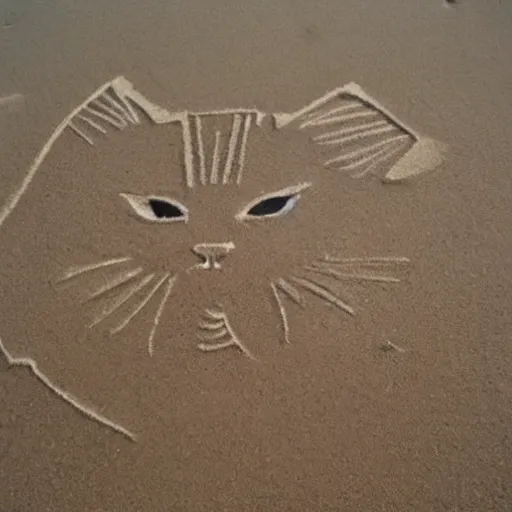 Prompt: beach sand drawing of a cat