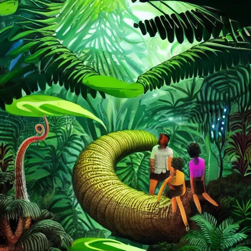 Image similar to « a group of people lost in a detailed jungle with luminescent plants and beautiful tall trees, but there is a giant worm that is hidding »