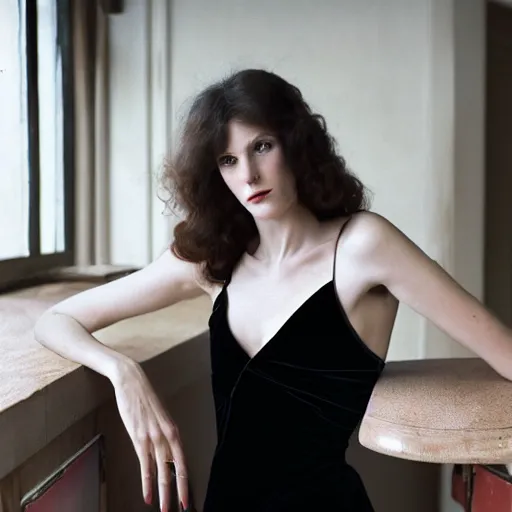 Image similar to Kodachrome long shot photograph of tall pale young woman wearing velvet black dress with thin straps with pinned-back brown hair, looking to the side, leaning on a table, holding dress in a bunch. 8k Photograph. TIME Magazine. Hyperrealistic. Adobe Lightroom.