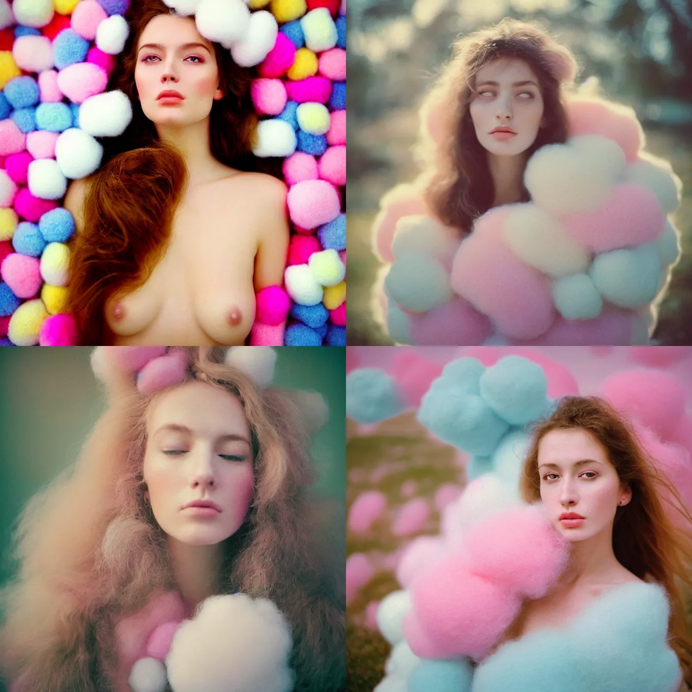 Prompt: A vintage analog head and shoulder frontal face portrait photography of a beautiful woman surrounded by thousand fluffy soft giant oversized pastel colorful cotton balls all around by Maxim Nikolaev. Long hair. Vogue. Closed eyes. Kodak Portra 800 film. shallow depth of field. (Depth of field). whirl bokeh!!. Golden hour. detailed. hq. realistic. warm light. muted colors. Filmic. Dreamy. lens flare. Mamiya 7ii, f/1.2, symmetrical balance, in-frame