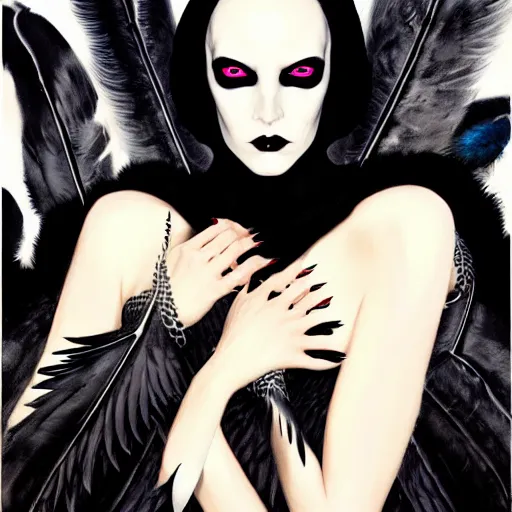 Prompt: portrait soft light, goth woman as mysterious supervillain in black hooded cloak and modestly clothed victorian goth, black feathers instead of hair, black wings instead of arms, gray mottled skin, black feathers growing out of skin, transforming, by frank mccarthy and conrad roset, inspired by flash gordon, paintbrush, rough paper, fine,