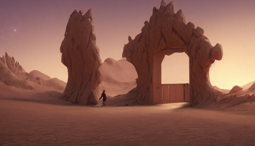 Prompt: a magical gate inside a sand tsunami glowing sci - fi time in the desert to another dimension, focus gate, protal, a man watching over, by caspar david friedrich by james gilleard and justin gerard, artstation, smooth, sharp focus, by jean baptiste, octane render