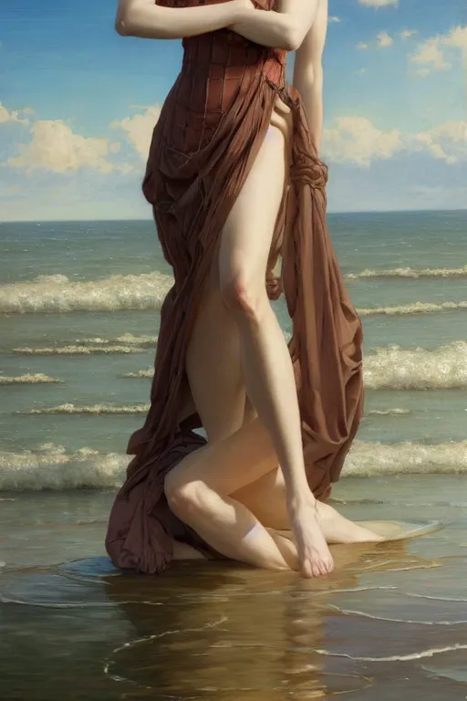 Prompt: a beautiful annie leonhart wearing a dress emerging from the water, oil on canvas, sensuality, artstation, by j. c. leyendecker and edmund blair leighton and charlie bowater, shot on camera sony nicon