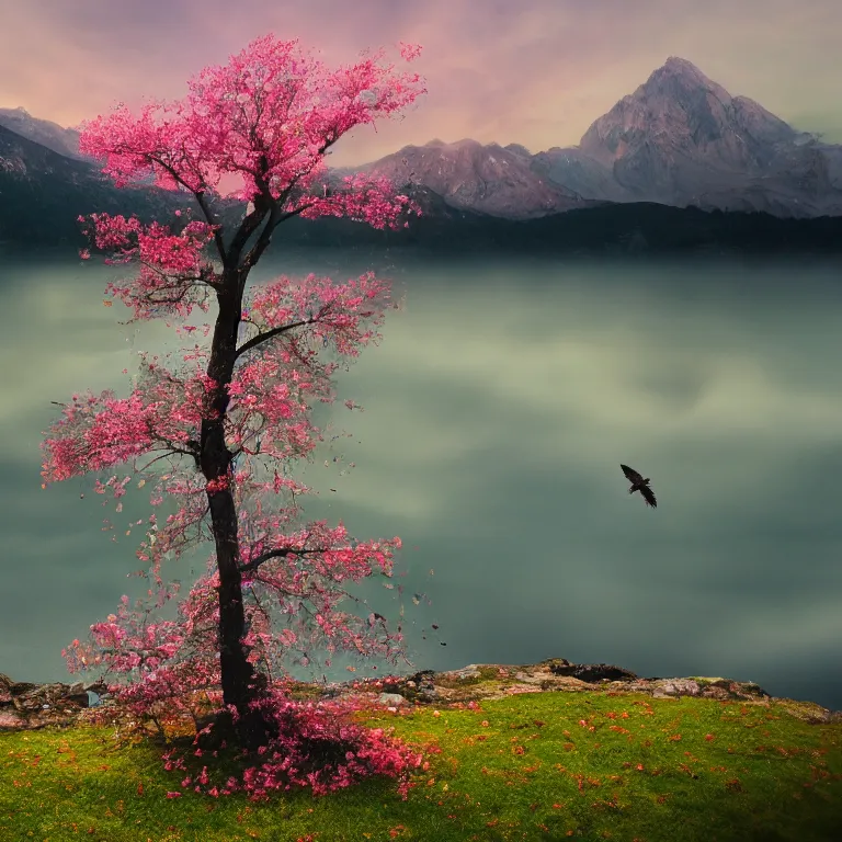 Image similar to a beautiful awesome artistic tree with falling flowers like leaves and many birds, all in the amazing outdoors view, mountain in the background, lake, long exposure, 8 k resolution, trending on artstation