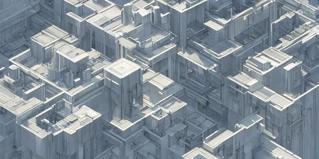 Image similar to high tech building cluster concept drawings with exposed sections designed by paul rudolph, grid, trending on artstation, rectilinear, isometric, isometric view, digital art, game art, 8 k, photorealistic, matte painting by moebius and alphonse mucha and nicolas party