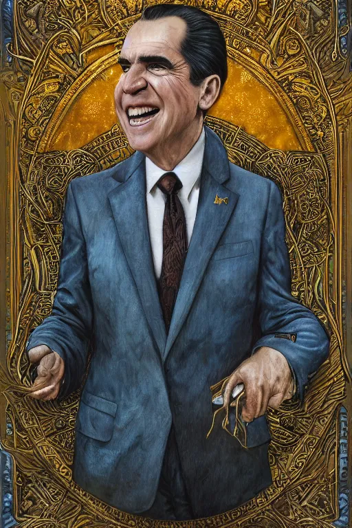 Image similar to Richard Nixon, tarot card, by tomasz alen kopera and Justin Gerard, expensive suit, big smile, cell phone, piercing eyes, symmetrical features, ominous, magical realism, texture, intricate, ornate, royally decorated, whirling blue smoke, embers, radiant colors, fantasy, trending on artstation, volumetric lighting, micro details, 3d sculpture, ray tracing, 8k, anaglyph effect