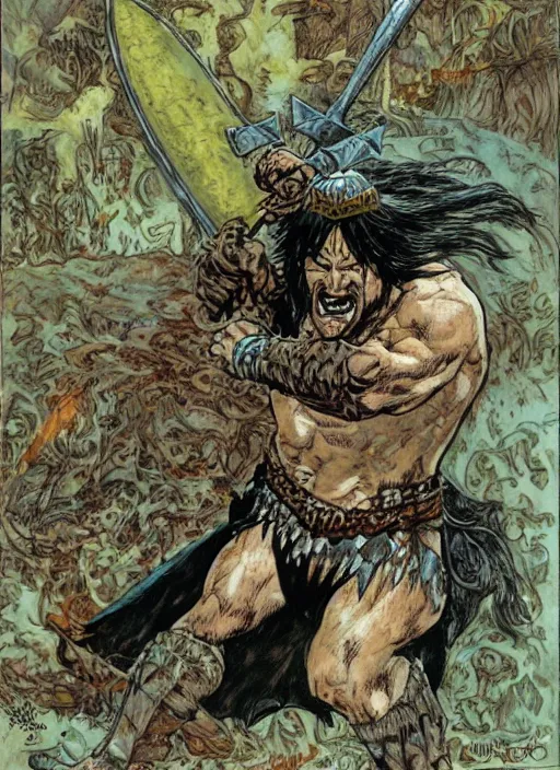 Prompt: Conan the Barbarian wielding an axe against a ferocious lizard, by Michael William Kaluta