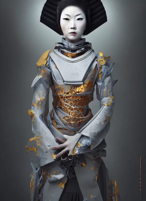 Image similar to portrait of a futuristic samurai geisha cyborg, kintsugi, modern fine art, fractal, intricate, elegant, highly detailed, digital photography, parallax, subsurface scattering, in the style of ghost, by jheronimus bosch and greg rutkowski,