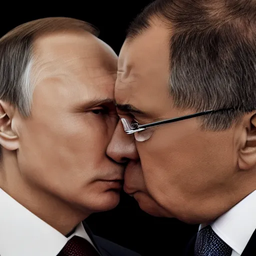 Prompt: a photo of vladimir putin kisses sergey lavrov, lovely kiss, kiss mouth to mouth, romantic, emotional, love scene, insane details, clear face, clear eyes, textured, 8 k resolution, professional photography, dslr, focus, zeiss lens, depth of field, studio quality, fashion photoshoot, extremely detailed, artistic, octane render