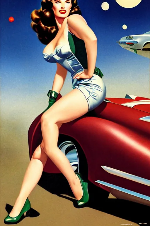 Image similar to beautiful retro space megan fox varga girl sitting on a corvette in diesel punk city, windblown dark hair, retro pinup model, seductive, 1 9 4 0, glamour pose, intricate, smoke, hyper detailed, digital art, smooth, sharp focus, alberto vargas, gil elvgren, greg rutkowski