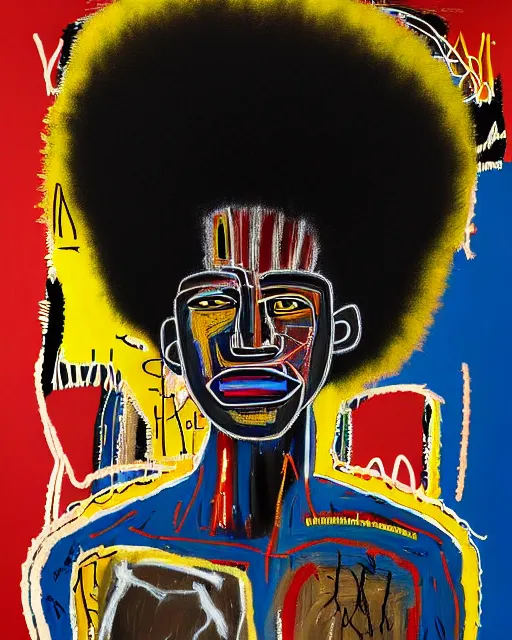 Image similar to A extremely ultra highly detailed majestic hi-res beautiful immaculate head and shoulders award winning painting stunning masterpiece of the face of a strong black african warrior man with an afro by Jean-Michel Basquiat, 8k, high textures, ultra hyper sharp, insanely detailed and intricate, super detailed, 8k HDR ultra high quality