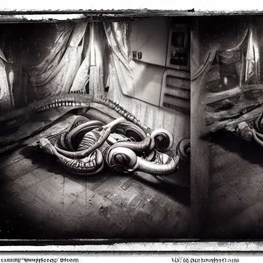 Image similar to alien inside a spaceship interior, hyper realistic, hight detail, sharp focus, wide angle, moody lighting, tintype, black and white photo by Joel Peter Witkin