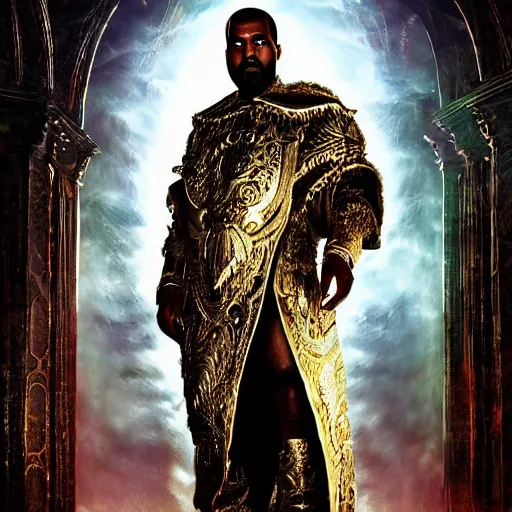 Image similar to Portrait of Kanye West as the god-emperor of mankind, amazing splashscreen artwork, splash art, natural light, elegant, intricate, fantasy, atmospheric lighting, cinematic, matte painting