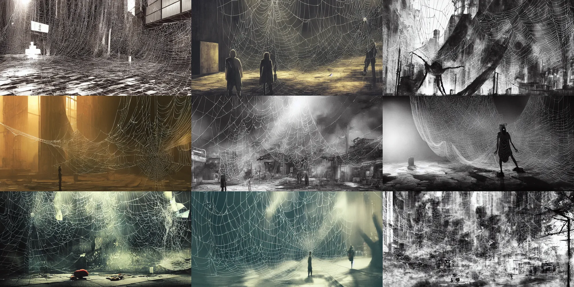 Prompt: anime movie scene, mamoru oshii, otomo, ultra wide, vanishing point, people wrapped up in web hanging, watercolor, spiderwebs, arachnophobia, dripping, sewer pipe entrance, giant spider foreground, sun beam, dusty volumetric light, back lit, paper texture, spider nest, deserted shinjuku junk, brutalist, golden ratio