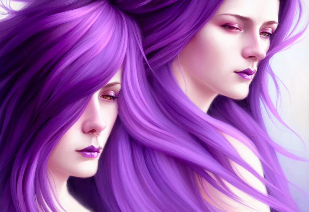 Image similar to Purple hair relistic Portrait of a two woman with bright colored flying hair, all shades of purple. Beauty face, Hair coloring, fantasy, intricate, elegant, highly detailed, digital painting, artstation, concept art, smooth, sharp focus, illustration, art by artgerm and greg rutkowski and alphonse mucha