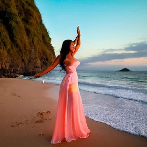 Image similar to A Filipina woman at the beach wearing a gown at sunset