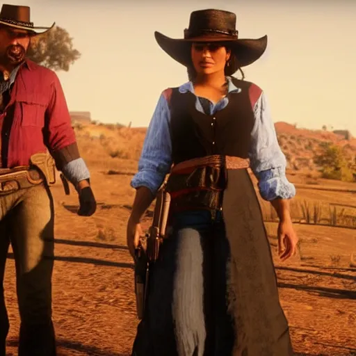 Prompt: Salma Hayek as an NPC in Red Dead Redemption 2