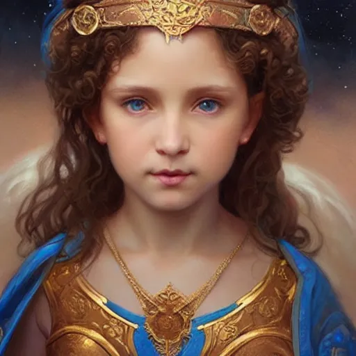 Prompt: a little girl with short wavy curly light brown hair and blue eyes, a space empress in byzantine style. beautiful highly detailed face, painting by artgerm and greg rutkowski and bouguereau.