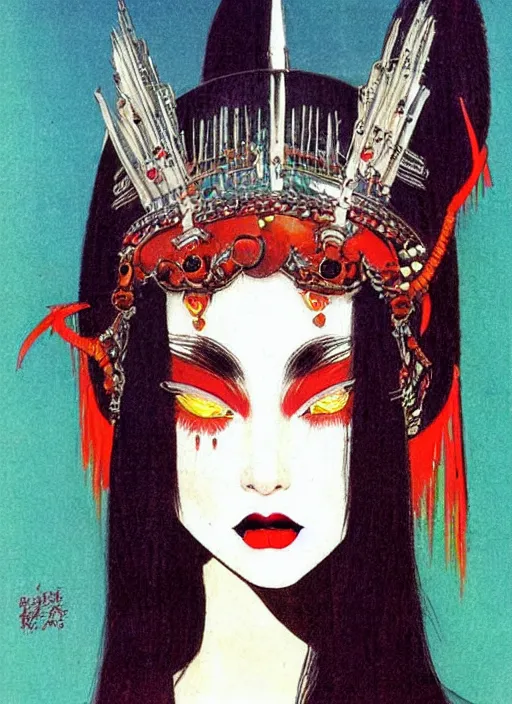 Image similar to junoesque female korean vampiress, jeweled headdress, heavy mascara, strong line, saturated color, beautiful! coherent! by frank frazetta, high contrast, minimalism