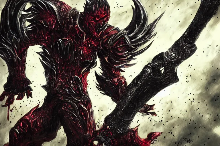 Image similar to ultra-detailed epic artwork of blood lord fighting black angel