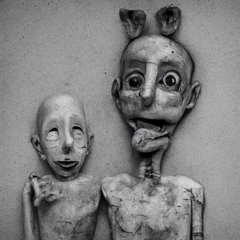 Image similar to creepy ventriloqiest dummy in the style of Roger Ballen, 4k, bw, portrait