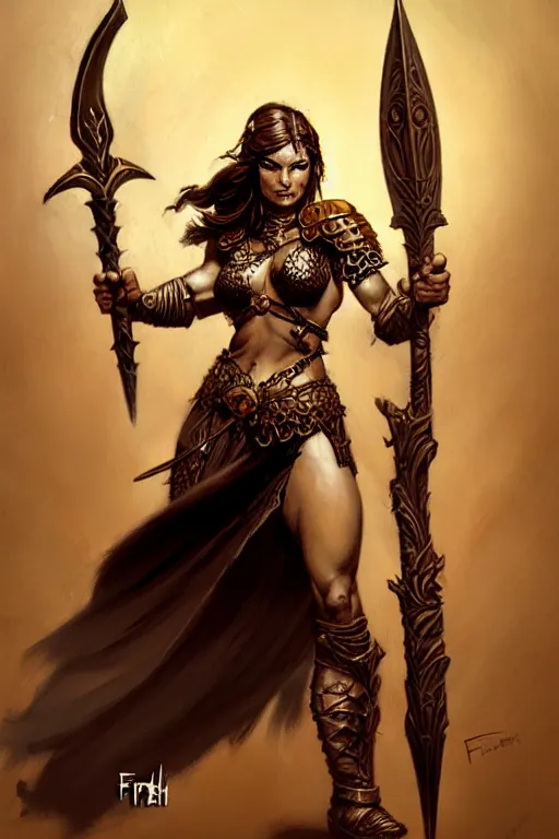 Image similar to warrior princess character portrait by frank frazetta - wearing ornate armor, holding a spear, striking a pose, fantasy, dungeons & dragons, sharp focus, beautiful, artstation contest winner, detailed