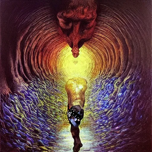 Image similar to My soul transcends the ashes of my body to merge with the blissful dimensionless vodi - contest-winning artwork by Salvador Dali, Beksiński, Van Gogh, Giger, and Monet. Stunning lighting