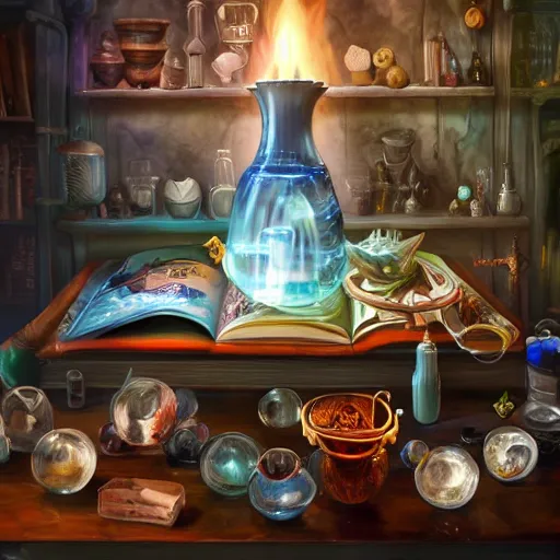 Image similar to hyper real, table, wizards laboratory, tony sart, mortar, pestle, scales with magic powder, energy flowing, magic book, beakers of colored liquid