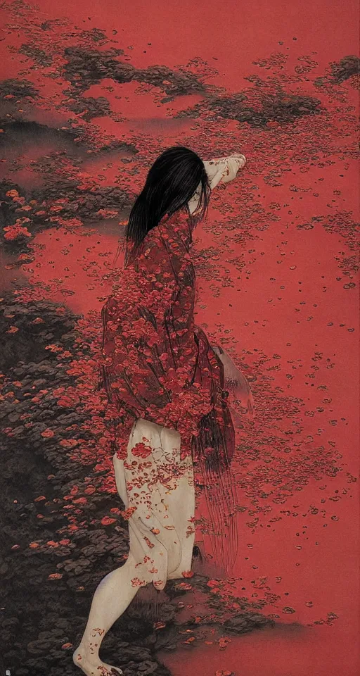 Image similar to Japanese schoolgirl runs away from Samurai with a katana on the subway, high detailed Beksinski painting, part by Adrian Ghenie and Gerhard Richter. art by Takato Yamamoto. masterpiece, deep colours, red