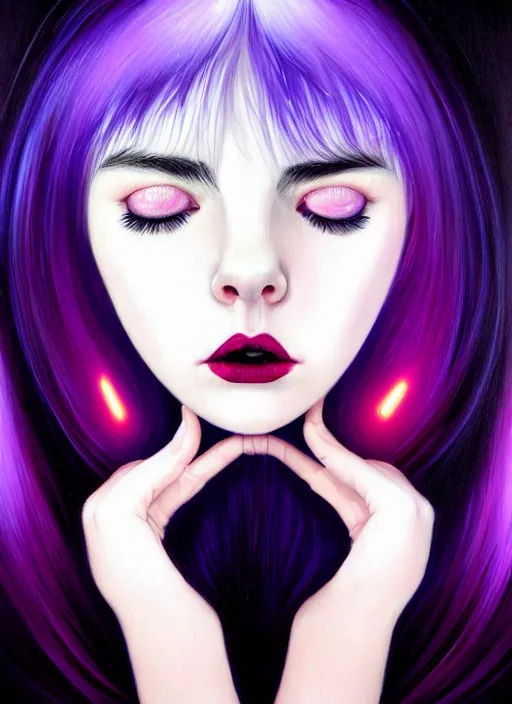 Image similar to portrait of teenage girl with white bangs, red irises, black hair, purple clothes, white bangs, bangs are different color from hair, intricate, front of hair is white rest is black, elegant, glowing lights, highly detailed, digital painting, artstation, concept art, smooth, sharp focus, illustration, art by wlop, mars ravelo and greg rutkowski